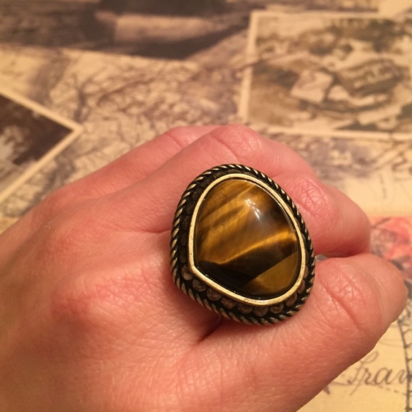Fossil Tigers Eye Brown Stone Ring Size 7 - Picture 4 of 4